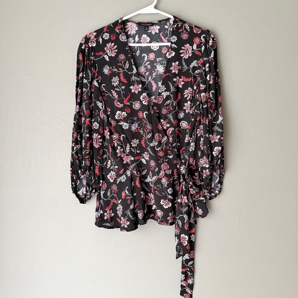 Banana Republic S Black Floral Wrap Blouse Top Boho Cottage Cowgirl Country